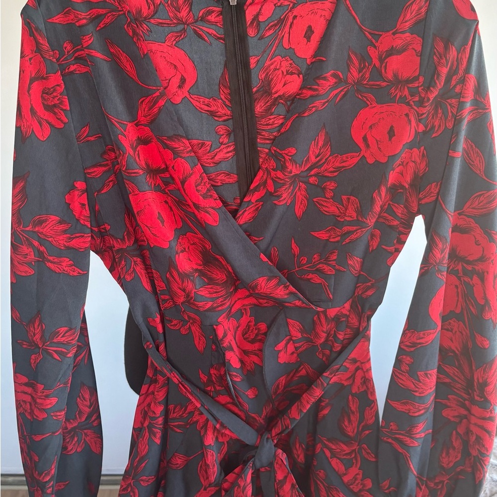 Black & Red Floral Wrap-Style Long Sleeve Dress